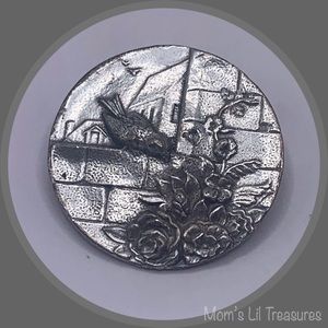 Metal Round Picture Brooch Pin - BIRD & FLOWERS at Window Vintage Jewelry